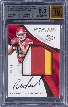 2017 Panini Immaculate Collection "Rookie Premium Patch Autographs" #PRPM Patrick Mahomes II Signed Patch Rookie Card (#01/49) - BGS NM-MT+ 8.5/BGS 10
